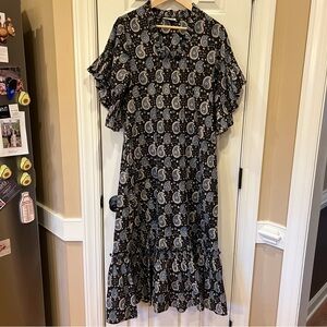 Fitzroy & Willa Soleil Dress Paisley Maxi Midi Dress Black Blue Beige XS